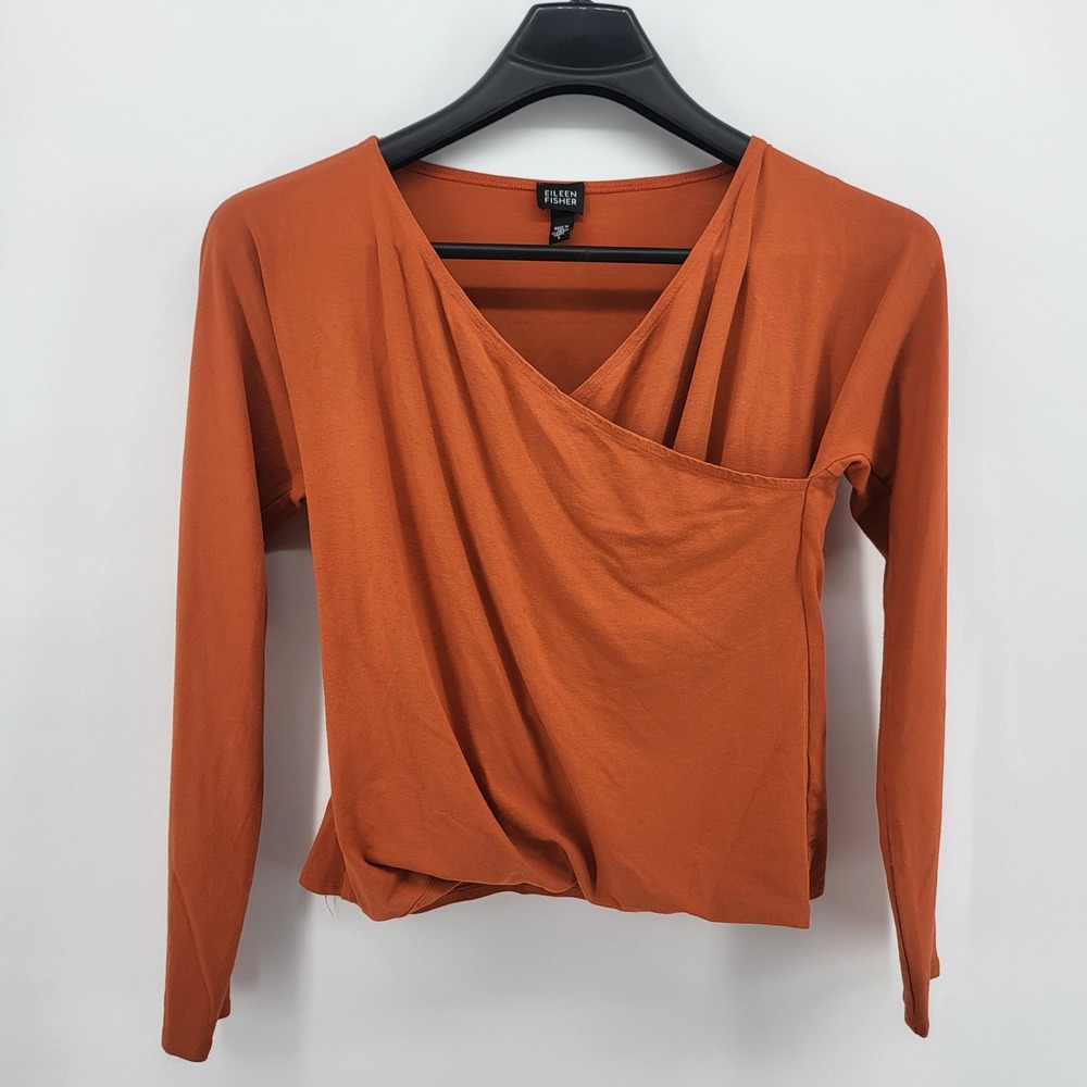 Eileen Fisher Faux‎ Wrap Top Womens Size Large Long Sleeve Rust Orange Made USA